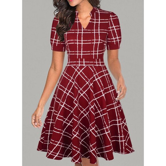 Women Red Plaid Short Puff Sleeve Flare Semi-Formal Summer Dress With Pockets - Picture 4 of 4